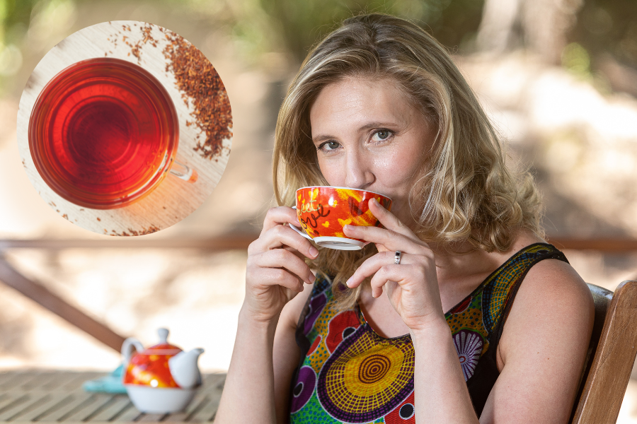 Jeanne Retief from FIGGI drinking rooibos tea