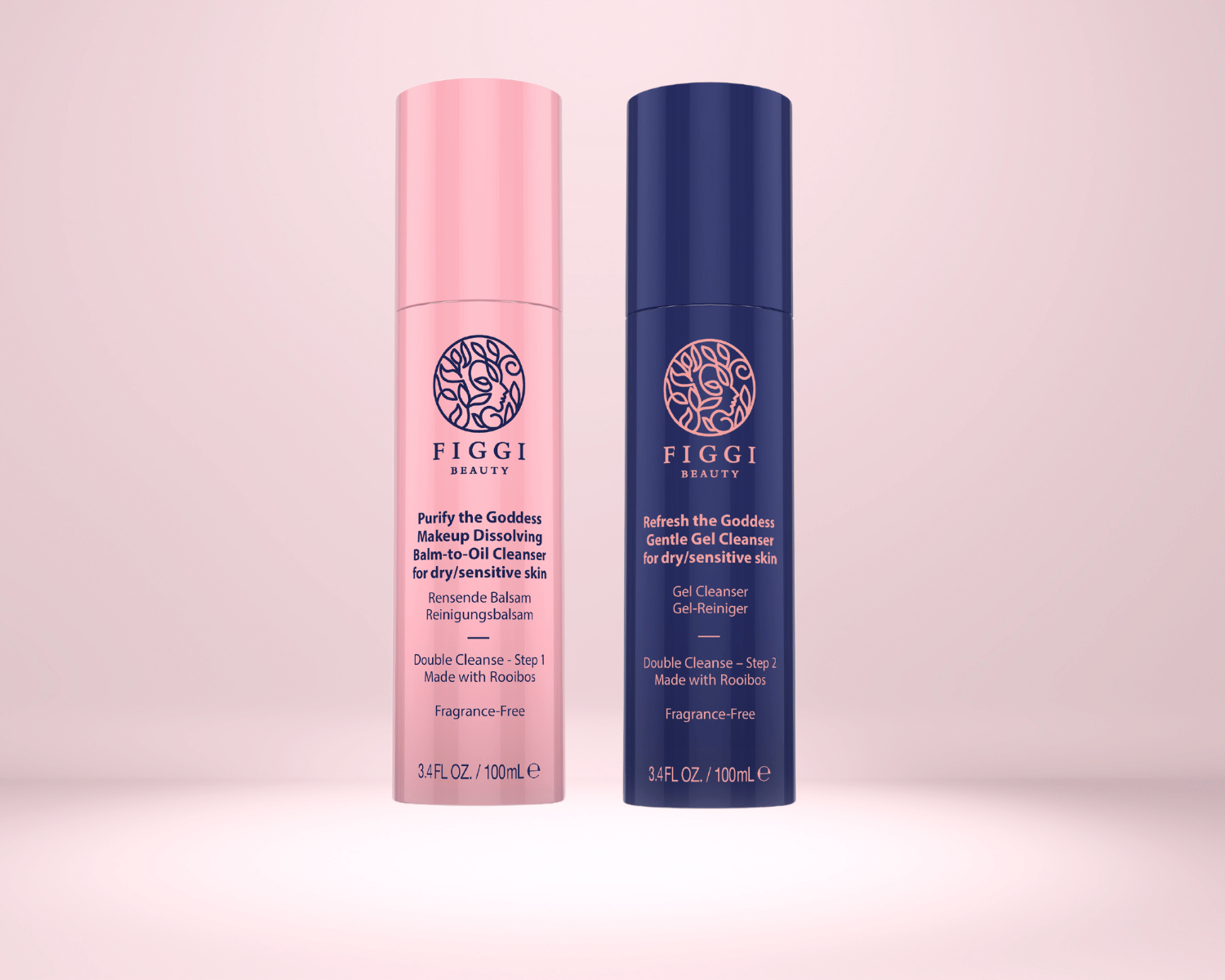 FIGGI Beauty Sensi-Soul Regimen Double Cleanse. Purify the Goddess Makeup Dissolving Balm-to-Oil and Refresh the Goddess Gentle Gel Cleanser.
